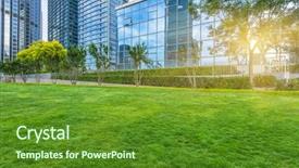  Presentation with green building - Beautiful PPT theme featuring commercial building - business district and green backdrop and a tawny brown colored foreground