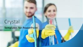  Presentation with commercial - Presentation design featuring commercial-cleaner-team-focus background and a light blue colored foreground