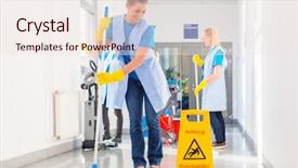 Presentation with commercial cleaning - PPT theme with commercial cleaning brigade working mopping background and a sky blue colored foreground