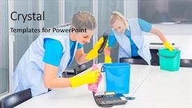  Presentation with commercial cleaning - Cool new PPT theme with commercial cleaning crew ladies working backdrop and a light blue colored foreground