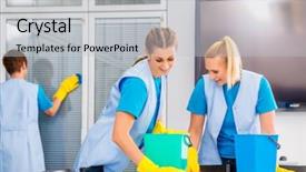  Presentation with commercial cleaning - Amazing PPT theme having commercial cleaning crew ladies working backdrop and a light gray colored foreground