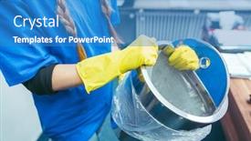  Presentation with commercial cleaning - Amazing slide set having commercial-cleaning-lady-emptying-rubbish backdrop and a teal colored foreground