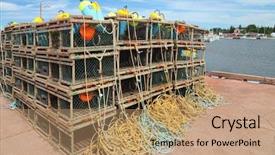  Presentation with pile of stacked firewood prepared - Slide set featuring commercial fishing - pile of lobster traps stacked background and a coral colored foreground