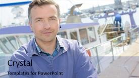  Presentation with fishing - PPT theme featuring commercial fishing - portrait of man in harbor background and a ocean colored foreground