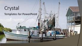  Presentation with commercial fishing vessels - PPT theme enhanced with commercial fishing boat in dock background and a light blue colored foreground