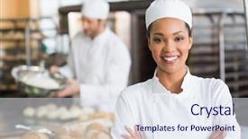  Presentation with hotel kitchen - Presentation design consisting of commercial hotel - pretty baker smiling at camera background and a sky blue colored foreground