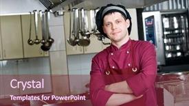  Presentation with little chef - Colorful slides enhanced with commercial industry - cheerful chef man in uniform backdrop and a violet colored foreground