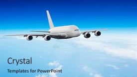  Presentation with jet plane - Audience pleasing presentation theme consisting of commercial jet plane flying above clouds in day light backdrop and a light blue colored foreground