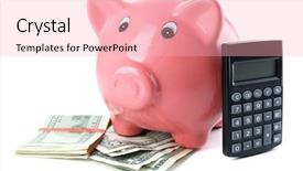  Presentation with loan - Cool new PPT theme with commercial loan fund - piggy bank isolated on white backdrop and a  colored foreground