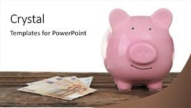  Presentation with piggy bank is evil - Slide deck having commercial loan fund - piggy bank with banknotes background and a  colored foreground