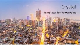  Presentation with macau - Slide deck featuring commercial place - macau cityscape skyline at dusk background and a light blue colored foreground