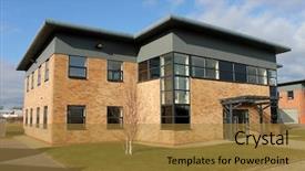  Presentation with new office - PPT layouts enhanced with commercial real estate - empty new office building background and a gold colored foreground