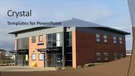  Presentation with commercial real estate - PPT theme having commercial real estate - exterior of vacant office building background and a light blue colored foreground