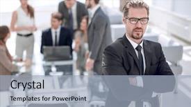  Presentation with commercial - Beautiful slide deck featuring commercial relations - confident businessman on background backdrop and a light blue colored foreground