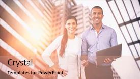  Presentation with modern building - Amazing presentation theme having commercial relations - smiling business people using backdrop and a coral colored foreground