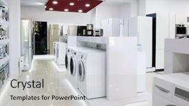  Presentation with retail store - Cool new slide set with commercial relations - washing machines refrigerators and other backdrop and a light gray colored foreground