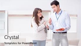  Presentation with salesman - Beautiful PPT layouts featuring catalogue - salesman explaining to woman customer backdrop and a white colored foreground
