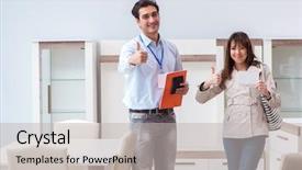  Presentation with customer loyalty - PPT theme featuring catalogue - salesman explaining to woman customer background and a lemonade colored foreground