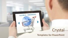  Presentation with global laptop - Presentation featuring commerical carpet - businessman using laptop with online background and a cream colored foreground