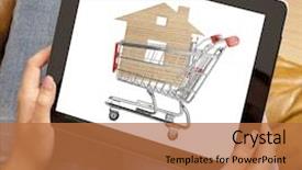  Presentation with online shopping and delivery - PPT theme consisting of commerical carpet - woman using laptop with online background and a red colored foreground