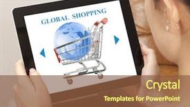  Presentation with global laptop - PPT theme enhanced with commerical carpet - woman using laptop with online background and a tawny brown colored foreground