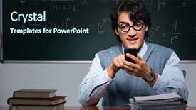  Presentation with math teacher - Slide deck featuring committed solutions - young math teacher in front background and a  colored foreground