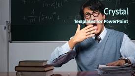  Presentation with math teacher - Slide deck consisting of committed solutions - young math teacher in front background and a  colored foreground