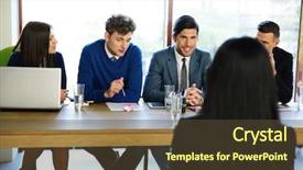  Presentation with job interview - Colorful theme enhanced with committee - business career and office concept backdrop and a tawny brown colored foreground
