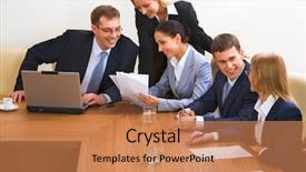  Presentation with questions - Cool new theme with committee - portrait of smiling businesspeople discussing backdrop and a coral colored foreground