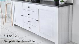  Presentation with poster on white wall above - Slide deck consisting of commodities - white commode on light wall background and a  colored foreground