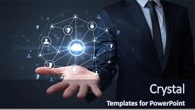  Presentation with networking - Slide deck with common cofre - businessman holding networking connection concept background and a  colored foreground