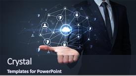  Presentation with networking - Cool new slide deck with common cofre - businessman holding networking connection concept backdrop and a  colored foreground