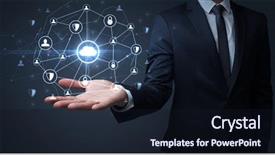  Presentation with networking - Cool new PPT theme with common cofre - businessman holding networking connection concept backdrop and a wine colored foreground