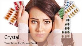  Presentation with capsules pills pill doctor prescription - Beautiful PPT theme featuring common cold - young woman having pills backdrop and a coral colored foreground