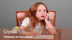  Presentation with school desk - Audience pleasing PPT theme consisting of common core - pretty young girl at desk backdrop and a red colored foreground