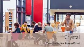  Presentation with college campus - Theme consisting of communal-area-of-busy-college background and a coral colored foreground