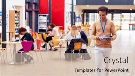  Presentation with college campus - PPT theme having communal-area-of-busy-college background and a soft green colored foreground