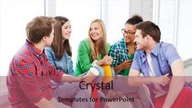  Presentation with diversity students friends happiness concept - Slide set consisting of communicating and laughing at school background and a violet colored foreground