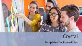  Presentation with sticky notes - PPT layouts consisting of communication - smiling executives discussing over sticky background and a light blue colored foreground