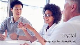  Presentation with working together - Presentation design consisting of communication - three business professionals working together background and a light gray colored foreground