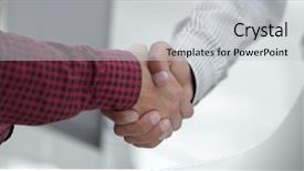  Presentation with hand shake - Presentation theme having communication 2 people - closeup of a business hand background and a  colored foreground