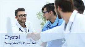  Presentation with handshake between healthcare and it - Colorful slides enhanced with communication 2 people - handshake between the two doctors backdrop and a sky blue colored foreground