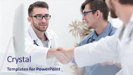  Presentation with handshake between healthcare and it - Amazing slide set having communication 2 people - handshake between the two doctors backdrop and a sky blue colored foreground