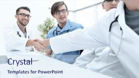  Presentation with handshake - Presentation theme enhanced with communication 2 people - handshake between the two doctors background and a sky blue colored foreground