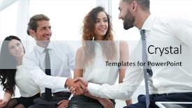  Presentation with handshake between healthcare and it - Colorful slide deck enhanced with communication 2 people - welcome handshake between two colleagues backdrop and a sky blue colored foreground