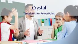  Presentation with teacher professional development - PPT theme with communication arts - group of caucasian 1st graders background and a sky blue colored foreground