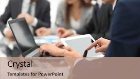  Presentation with people talking - Cool new PPT theme with communication audit - business man using a tablet backdrop and a coral colored foreground