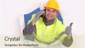  Presentation with breaking through - Presentation design consisting of communication barriers - construction worker breaking background and a yellow colored foreground