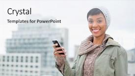  Presentation with clothing wooden clothes hanger object - Beautiful slides featuring communication black woman - cheerful young model in winter backdrop and a sky blue colored foreground