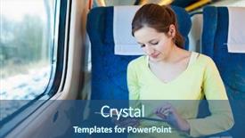  Presentation with computer - Slide set consisting of communication blue - young woman using her tablet background and a  colored foreground